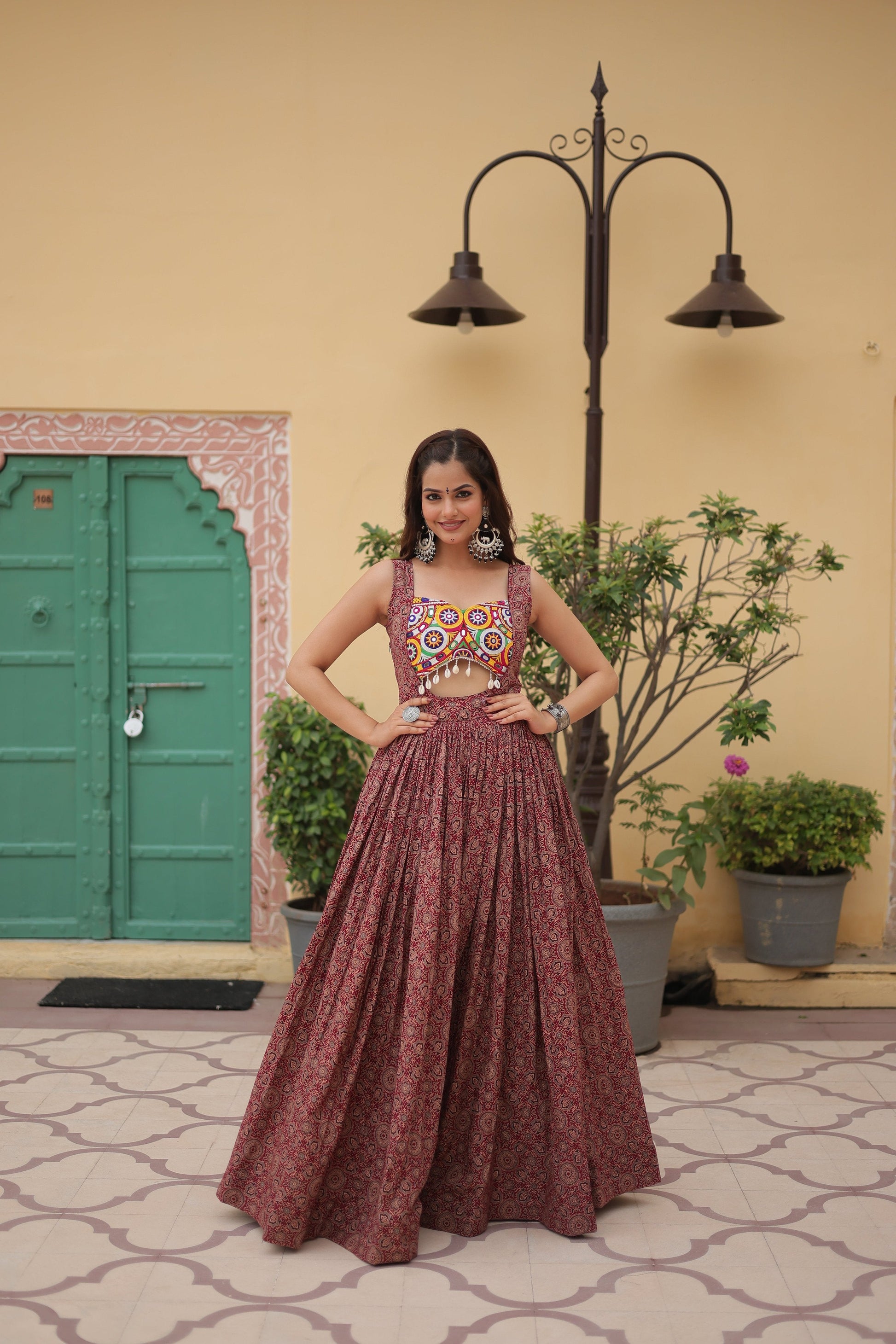 Lorenvalley Maroon Printed Cotton With Kutchi Gamthi Work and Kodi Lace Gown | Swadesiicart