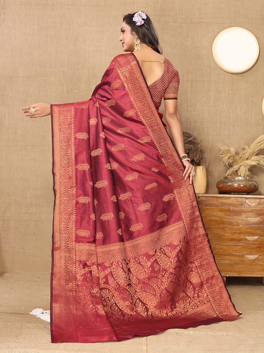 Lorenvalley Fashion Maroon Soft Katan Silk Woven Design Copper Zari Weaving Saree - Swadesiicart