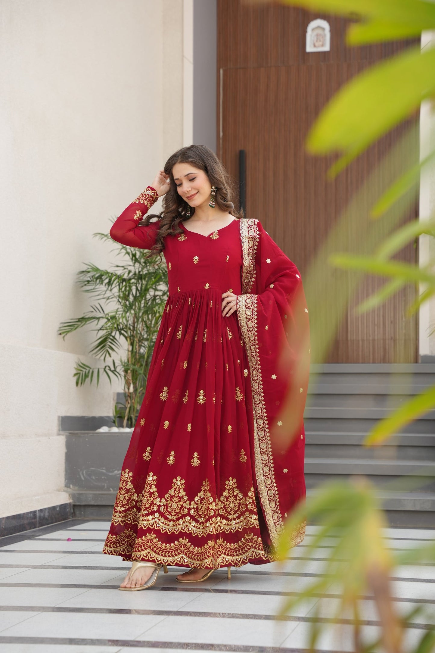 Lorenvalley Fashion Maroon Faux Georgette with Zari & Sequins Embroidered Work Anarkali Gown with Dupatta - Swadesiicart