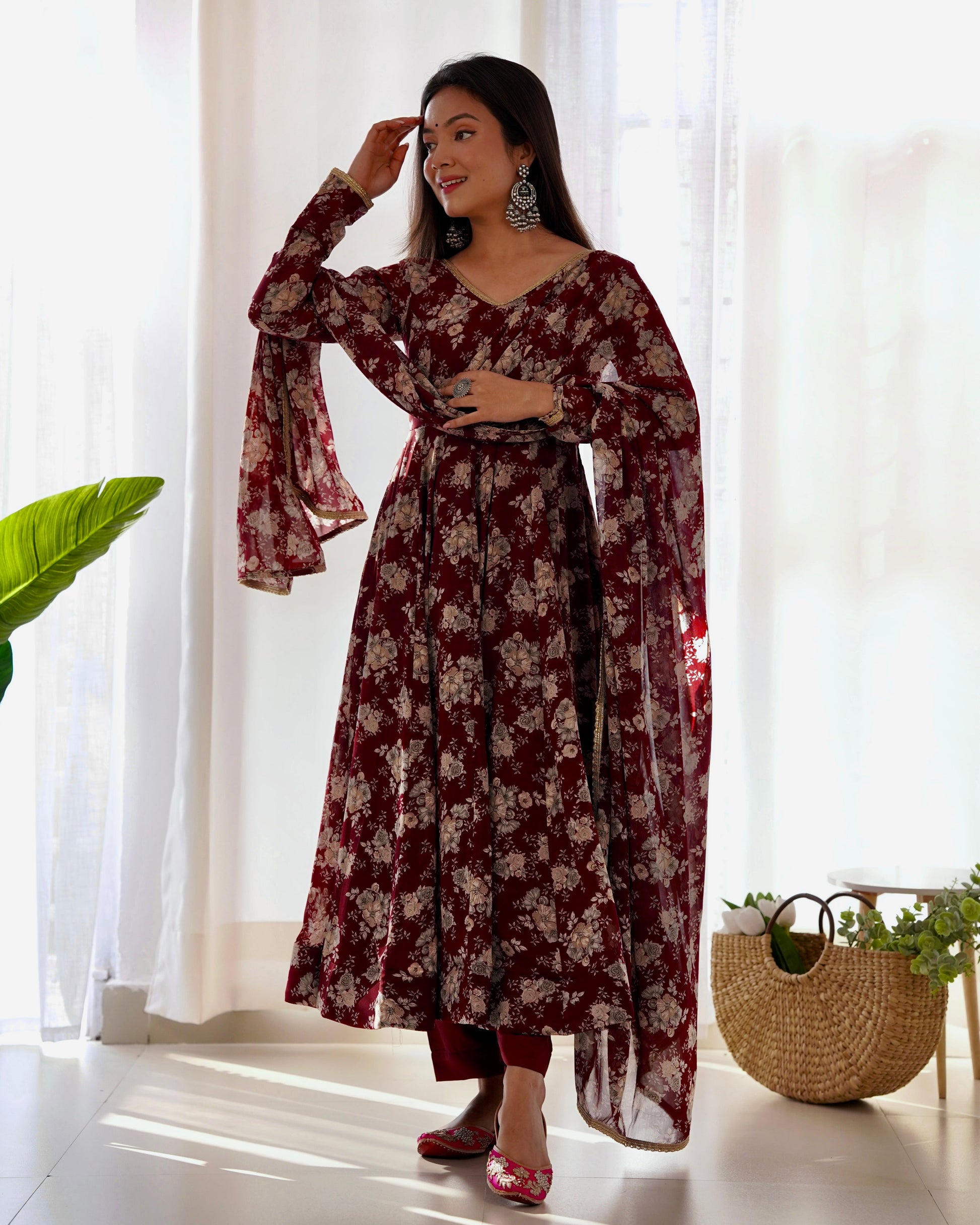 Lorenvalley Pure Faux Georgette Multi Floral Print Fully Flared Anarkali Pant With Dupatta Set - Maroon | Swadesiicart
