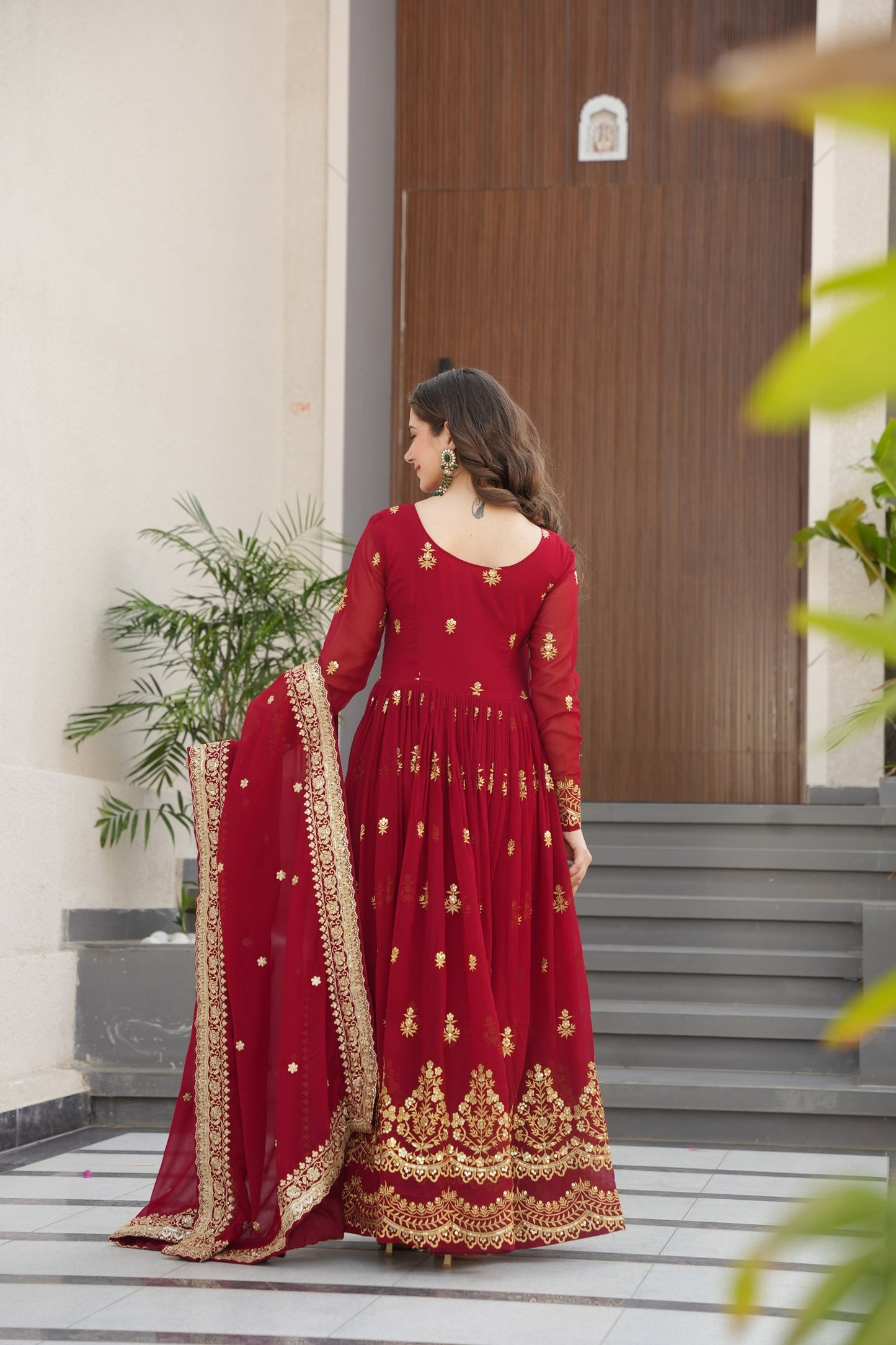Lorenvalley Fashion Maroon Faux Georgette with Zari & Sequins Embroidered Work Anarkali Gown with Dupatta - Swadesiicart