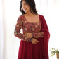 Lorenvalley Fashion Maroon Faux Georgette Embroidery 9 Needle Thread Work Anarkali Pant with Dupatta - Swadesiicart