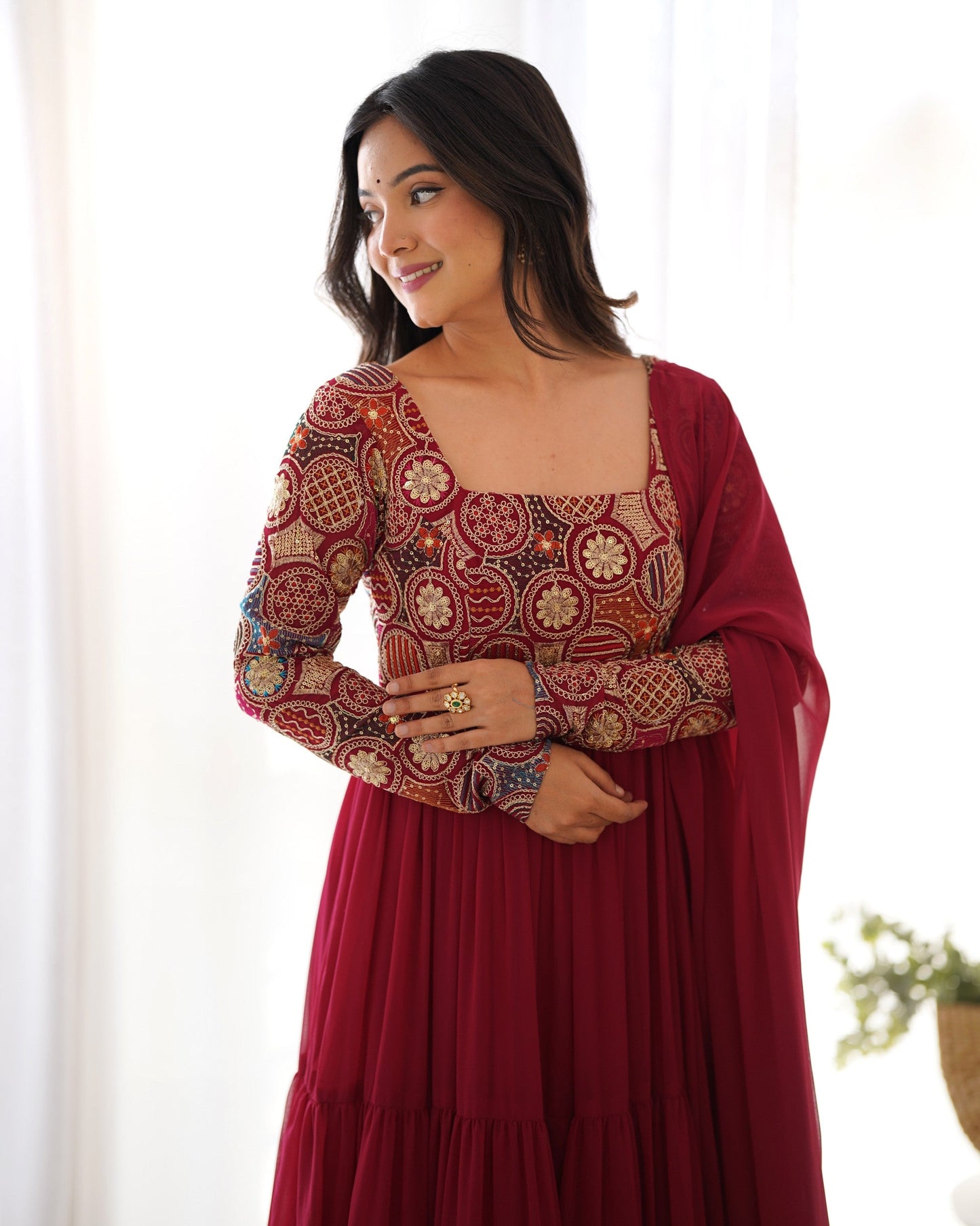 Lorenvalley Fashion Maroon Faux Georgette Embroidery 9 Needle Thread Work Anarkali Pant with Dupatta - Swadesiicart