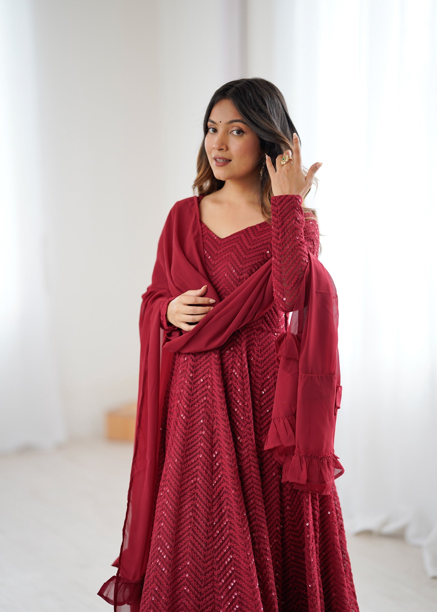 Lorenvalley Fashion Maroon Faux Georgette Lukhnowi Sequence Work Anarkali Kurta Pant With Dupatta Set - Swadesiicart