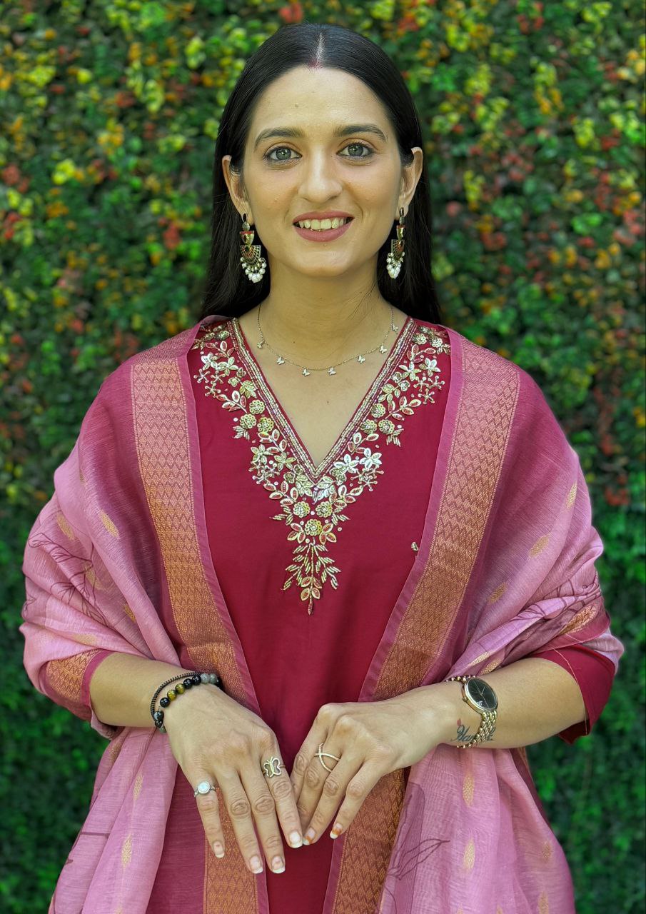 Lorenvalley Fashion Maroon Roman Silk Hand Work Kurta Pant with Dupatta - Swadesiicart