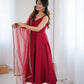 Lorenvalley Fashion Maroon Pure Romansilk Chanderi Fabric Yoke Fancy Lace Work Anarkali Kurta Pant With Dupatta Set - Swadesiicart