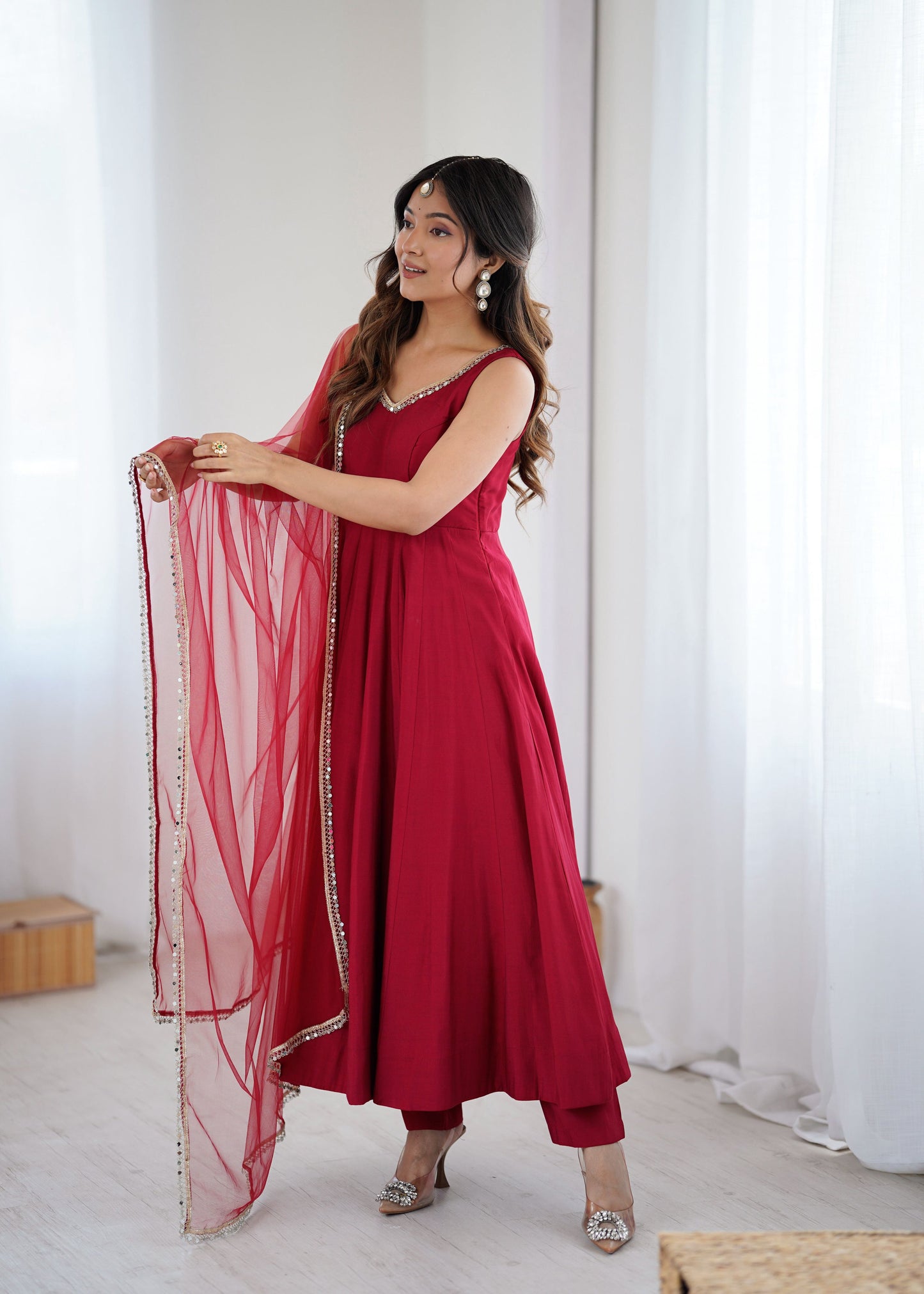Lorenvalley Fashion Maroon Pure Romansilk Chanderi Fabric Yoke Fancy Lace Work Anarkali Kurta Pant With Dupatta Set - Swadesiicart