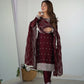 Lorenvalley Maroon Rangoli Silk Embroidery Sequence And Thread Work Kurta Trousers with Dupatta Set | Swadesiicart