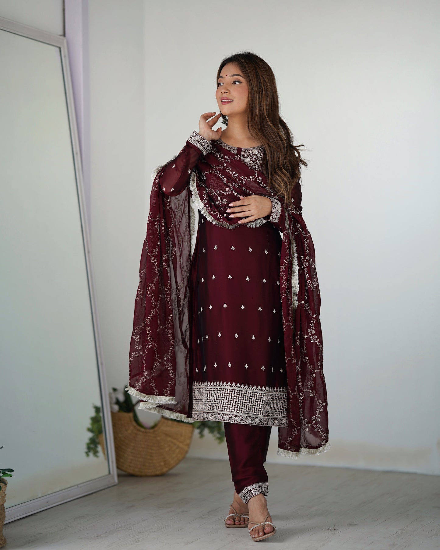 Lorenvalley Maroon Rangoli Silk Embroidery Sequence And Thread Work Kurta Trousers with Dupatta Set | Swadesiicart