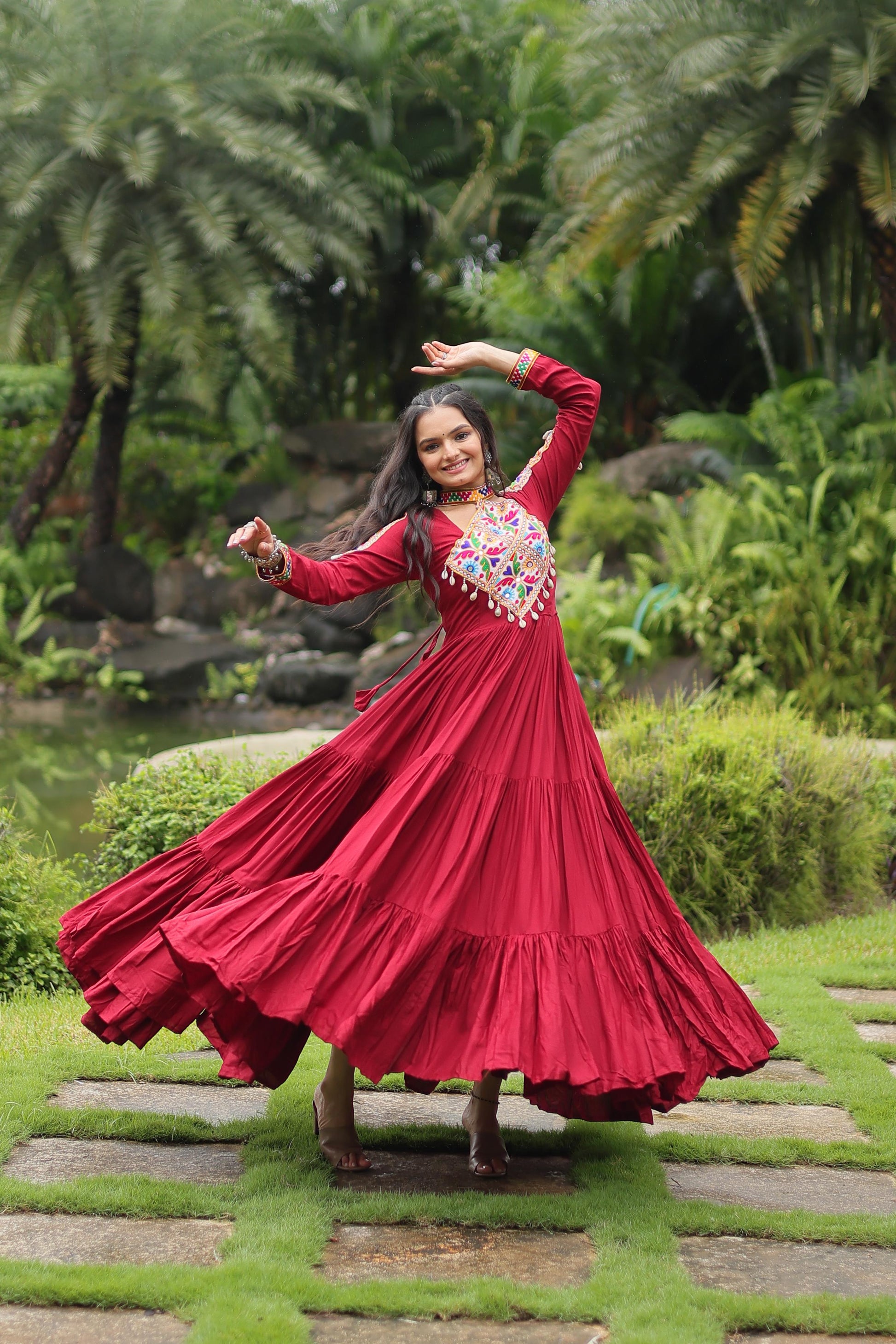 Lorenvalley Maroon Rayon Fabric with Kutchi Gamthi work Gown | Swadesiicart