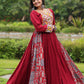 Lorenvalley Maroon Rayon Contrast of Printed with Kutchi Gamthi work Gown | Swadesiicart