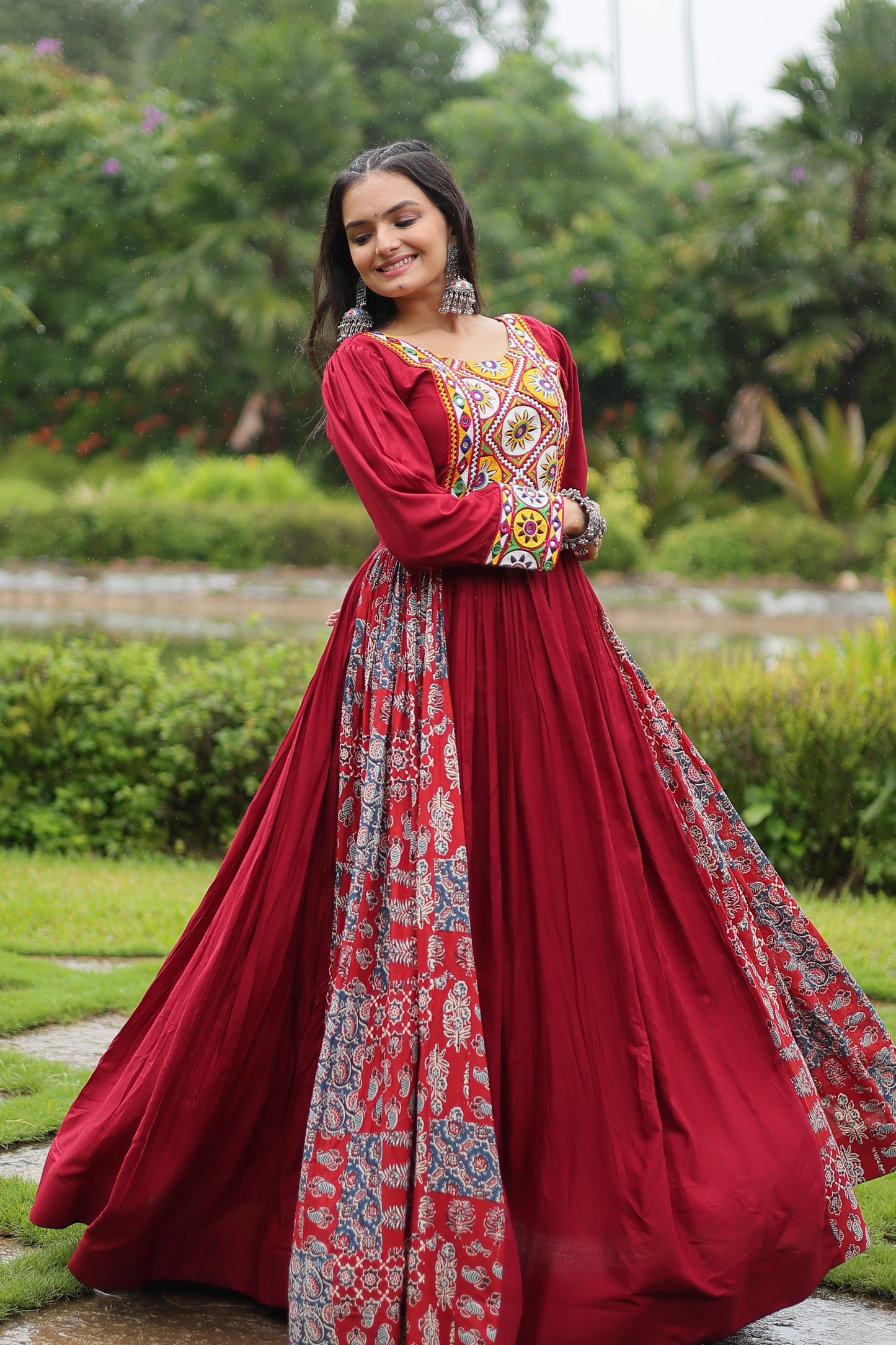 Lorenvalley Maroon Rayon Contrast of Printed with Kutchi Gamthi work Gown | Swadesiicart