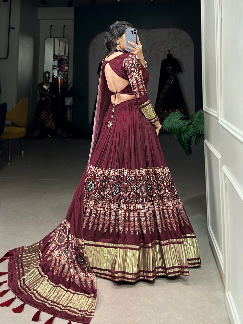 Lorenvalley Maroon Gaji Silk Digital Print With Lagadi Patta Lehenga Choli with Dupatta | Swadesiicart