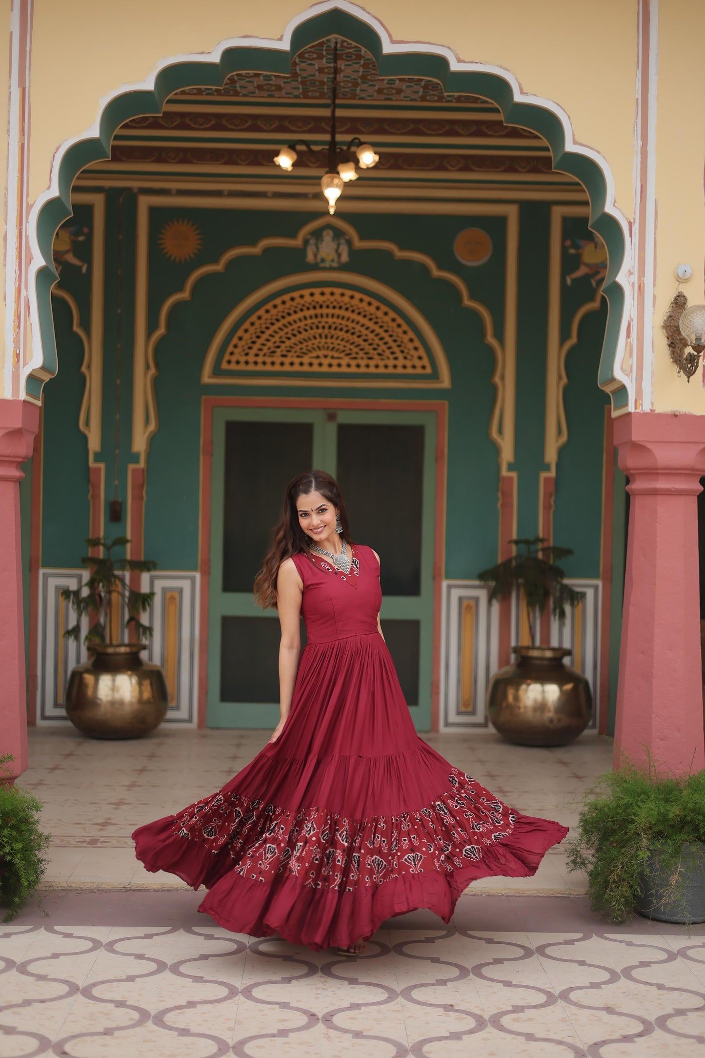 Lorenvalley Maroon Rayon Fabric with Printed Attached In Frill And Neck Gown | Swadesiicart