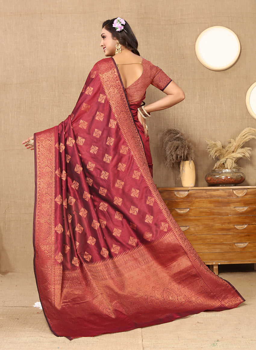 Lorenvalley Fashion Maroon Soft Katan Silk Woven Design Copper Zari Weaving Saree - Swadesiicart