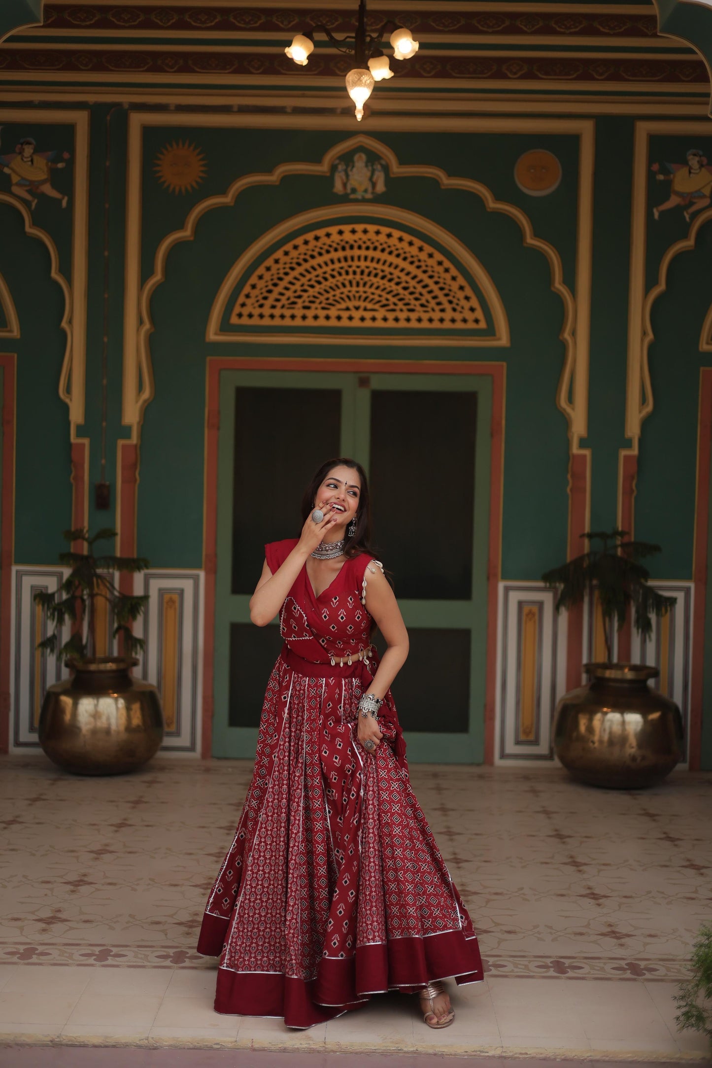 Lorenvalley Maroon Rayon Gota Patti Lace Printed Kali Pattern Lehenga Choli with Dupatta | Swadesiicart