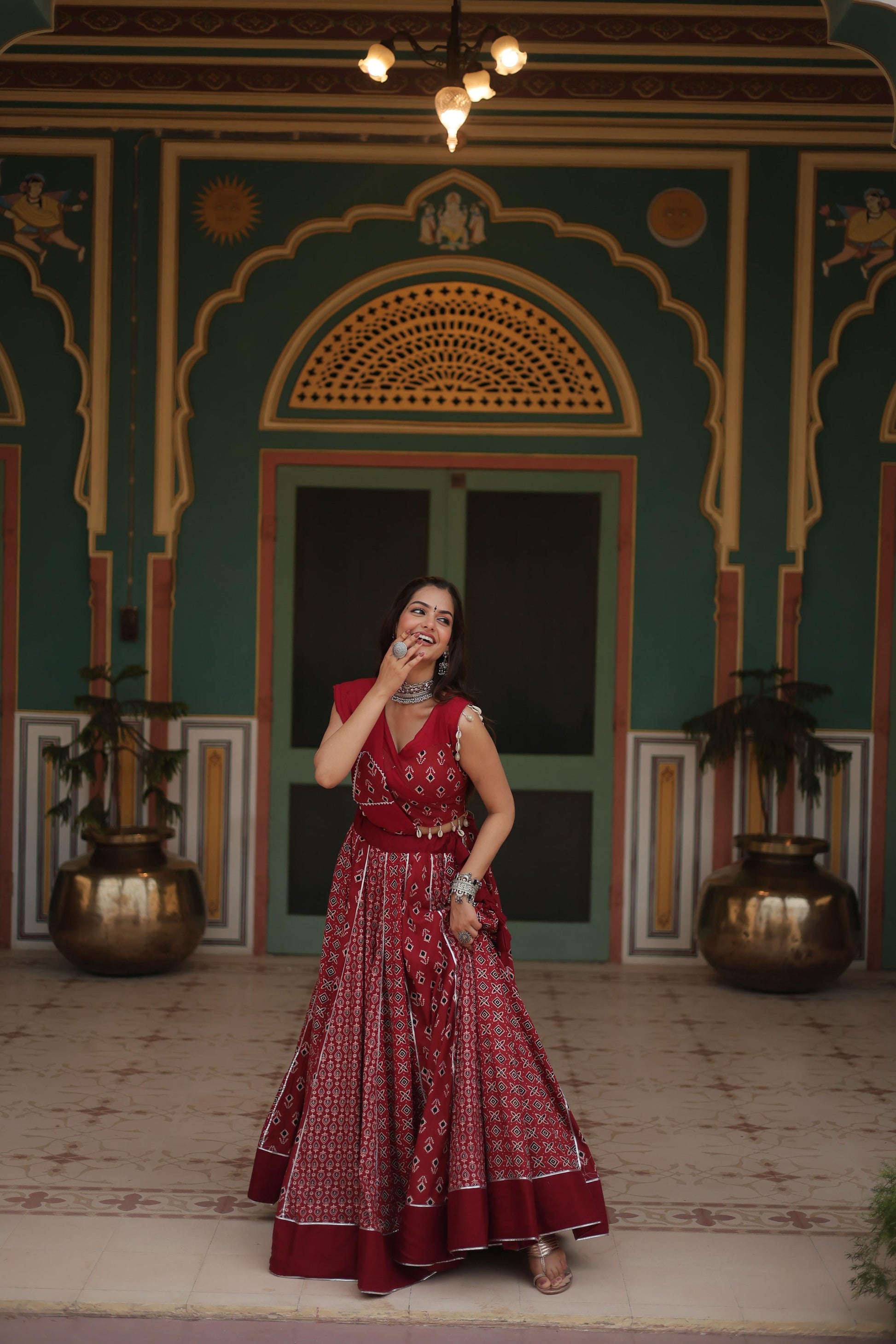 Lorenvalley Maroon Rayon Gota Patti Lace Printed Kali Pattern Lehenga Choli with Dupatta | Swadesiicart