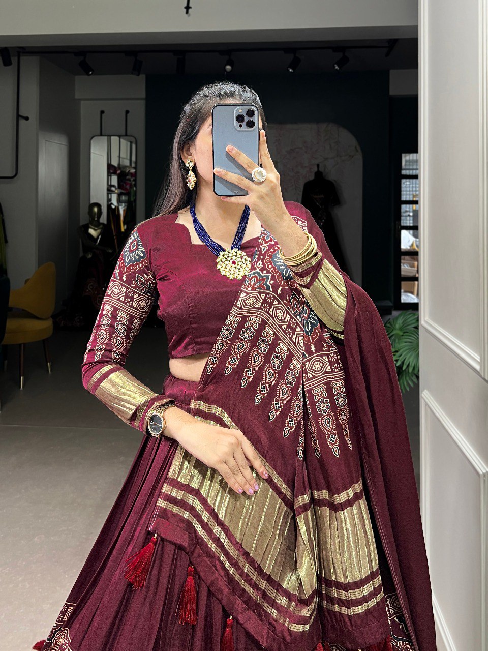 Lorenvalley Maroon Gaji Silk Digital Print With Lagadi Patta Lehenga Choli with Dupatta | Swadesiicart