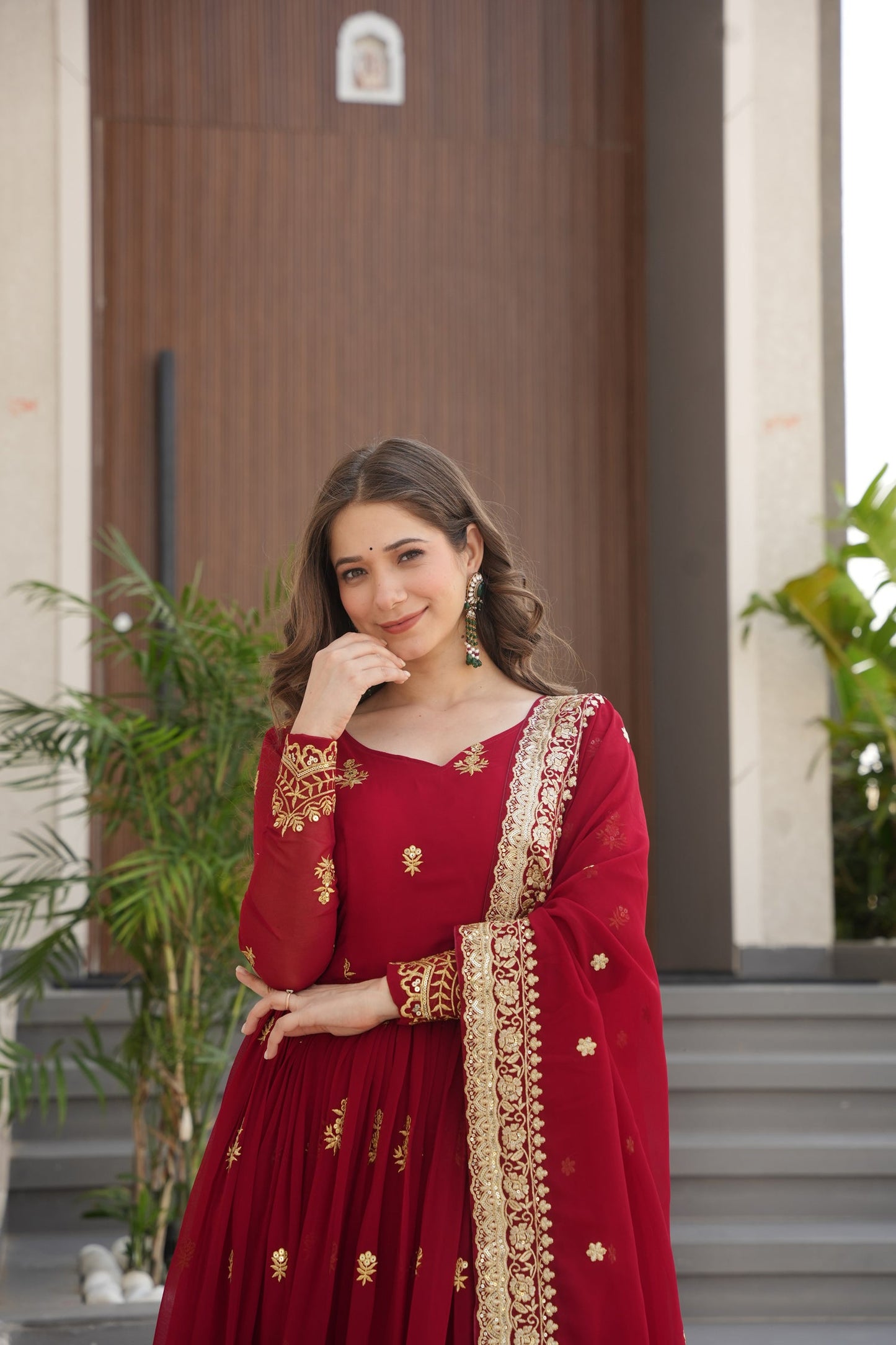 Lorenvalley Fashion Maroon Faux Georgette with Zari & Sequins Embroidered Work Anarkali Gown with Dupatta - Swadesiicart