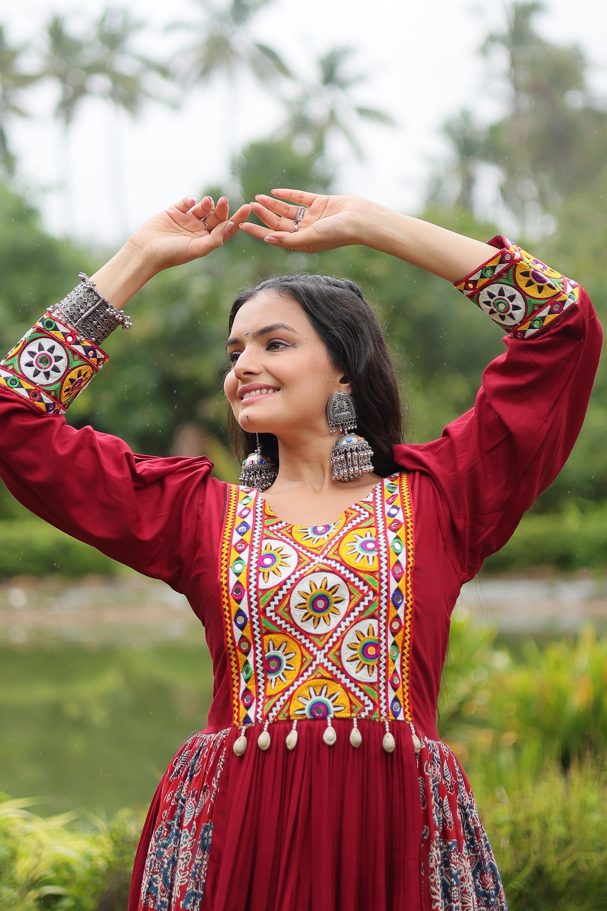 Lorenvalley Maroon Rayon Contrast of Printed with Kutchi Gamthi work Gown | Swadesiicart