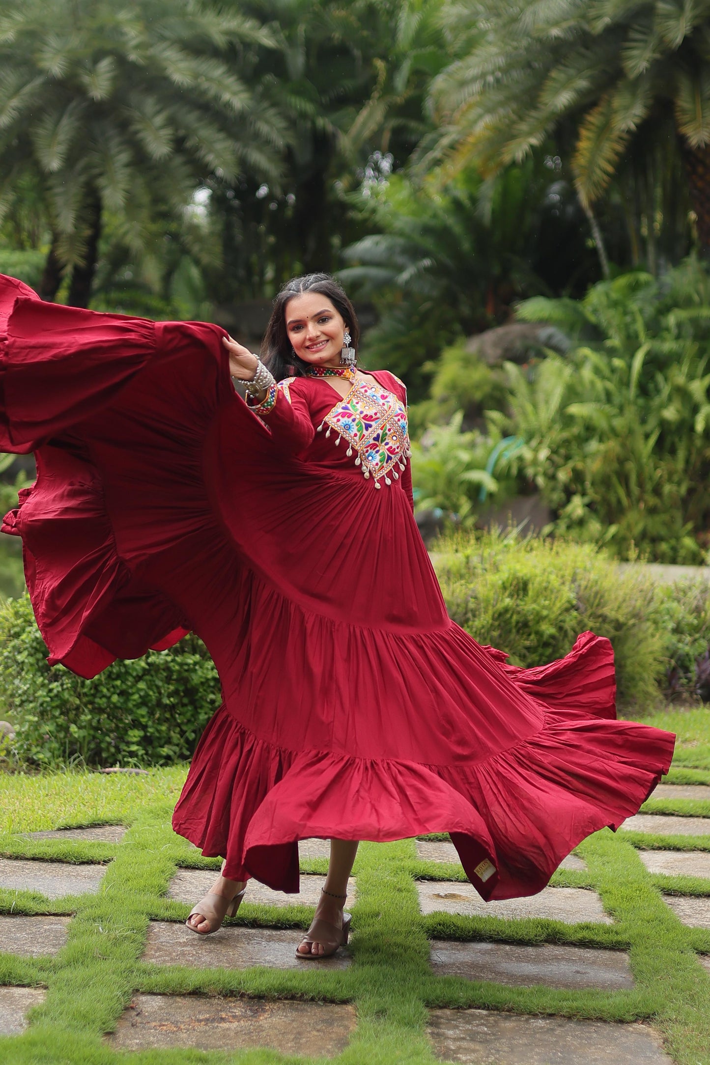 Lorenvalley Maroon Rayon Fabric with Kutchi Gamthi work Gown | Swadesiicart