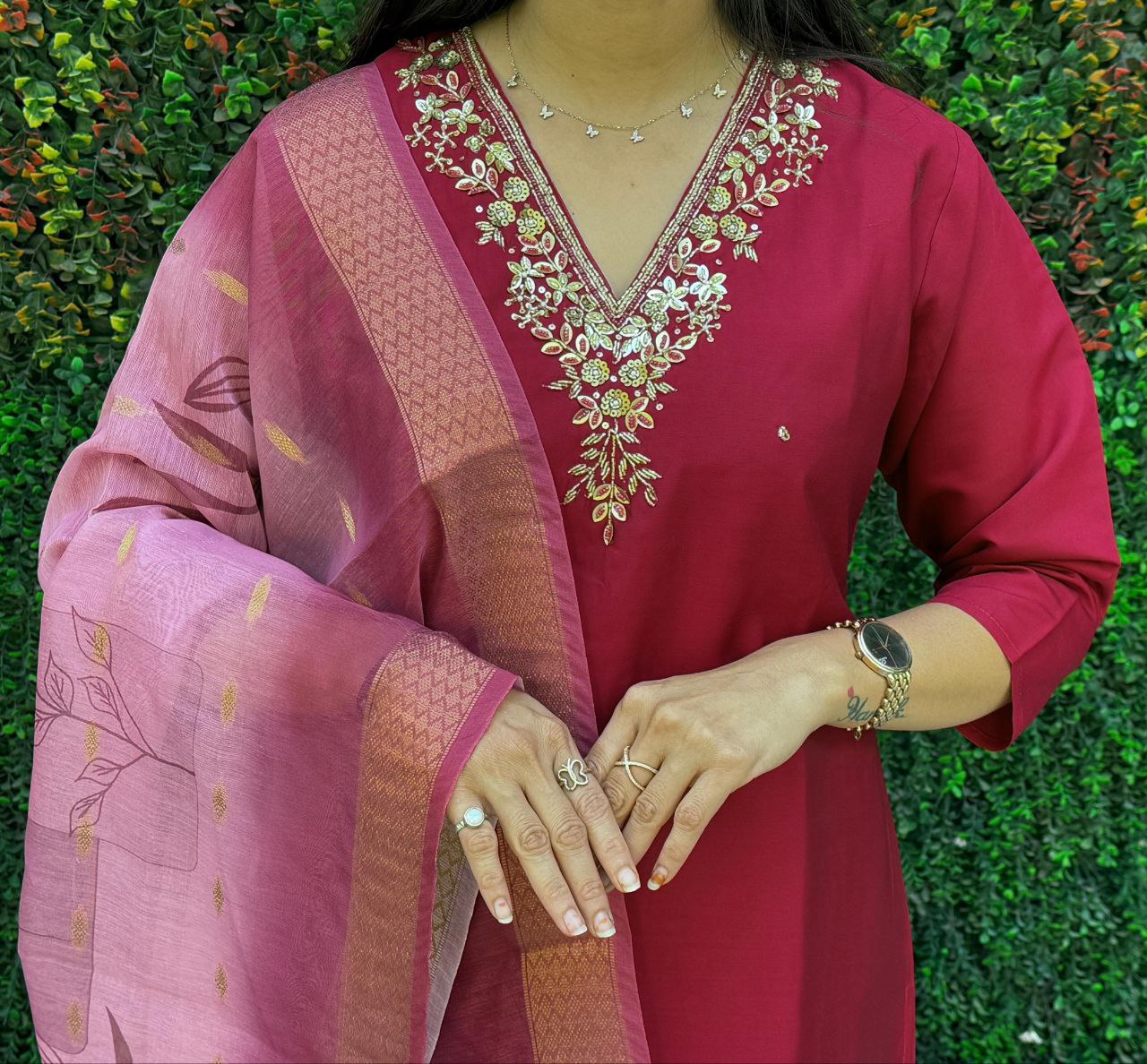 Lorenvalley Fashion Maroon Roman Silk Hand Work Kurta Pant with Dupatta - Swadesiicart