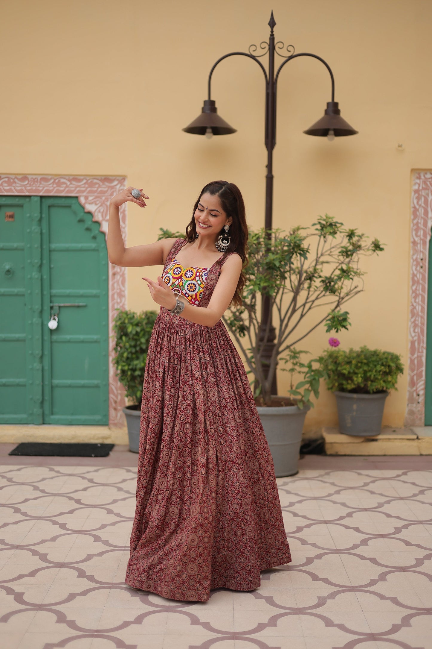Lorenvalley Maroon Printed Cotton With Kutchi Gamthi Work and Kodi Lace Gown | Swadesiicart