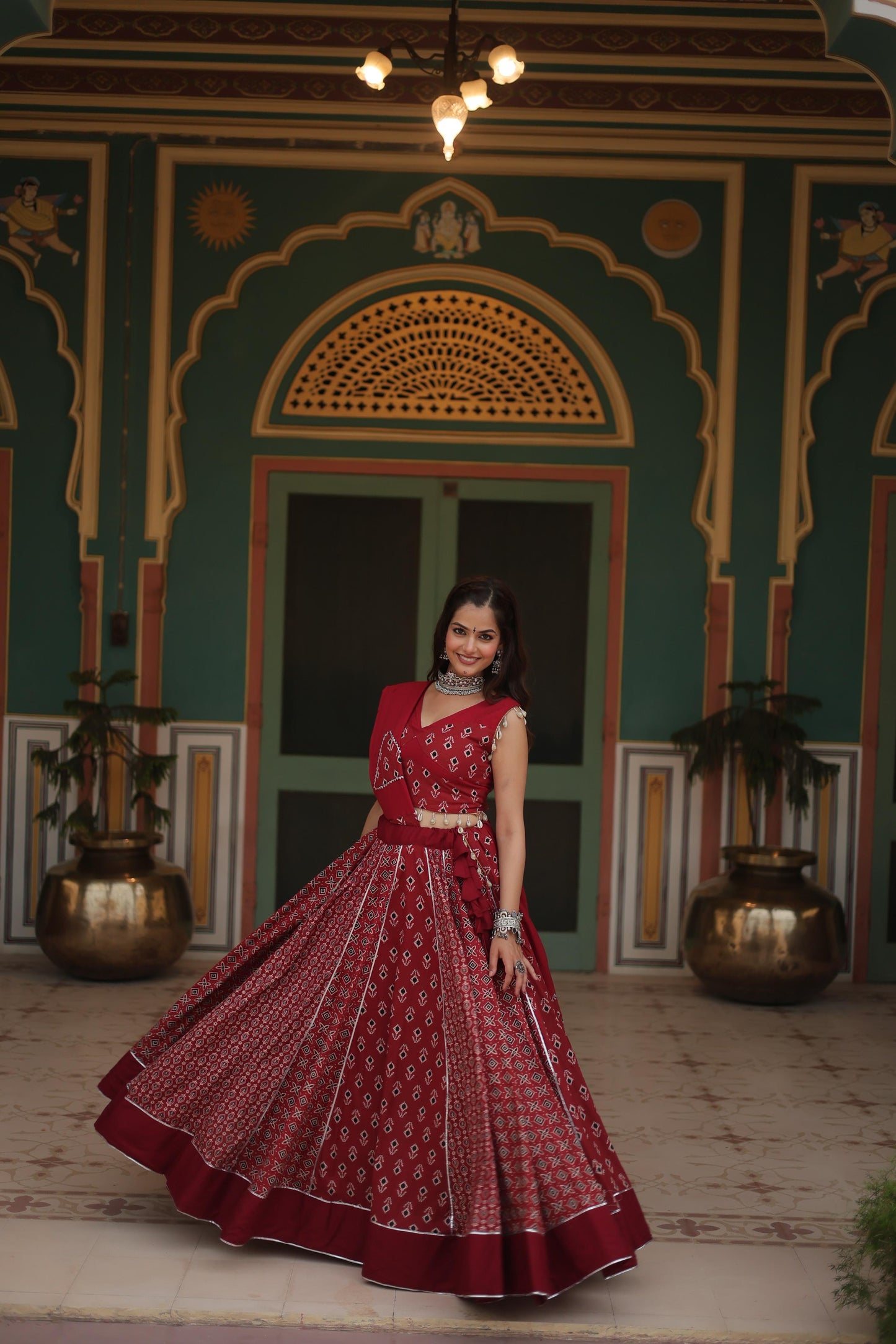 Lorenvalley Maroon Rayon Gota Patti Lace Printed Kali Pattern Lehenga Choli with Dupatta | Swadesiicart