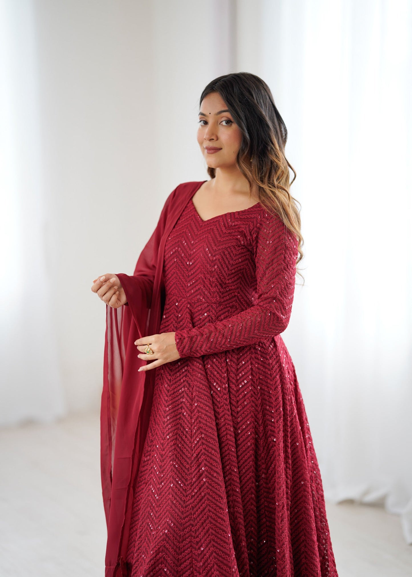 Lorenvalley Fashion Maroon Faux Georgette Lukhnowi Sequence Work Anarkali Kurta Pant With Dupatta Set - Swadesiicart
