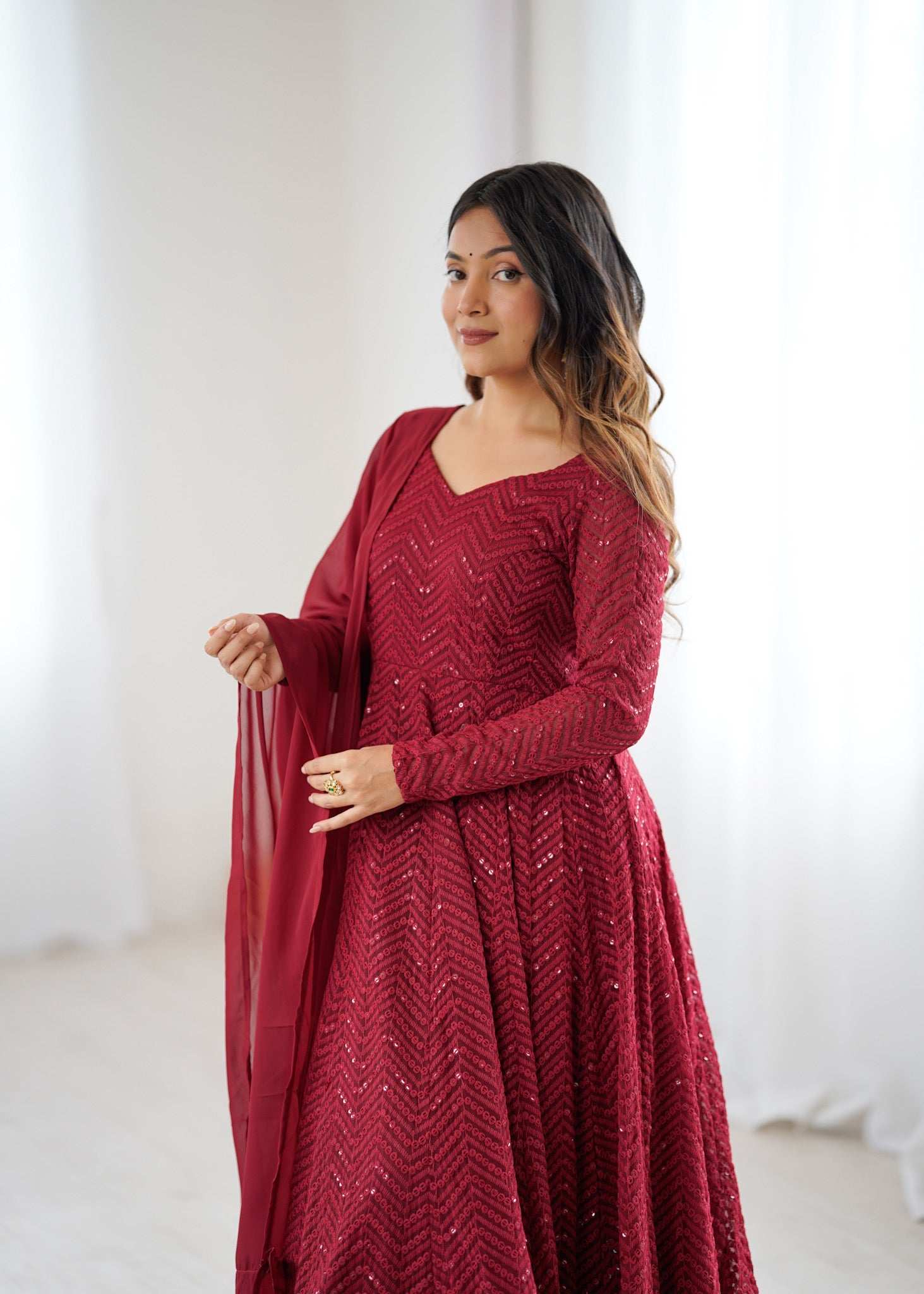 Lorenvalley Fashion Maroon Faux Georgette Lukhnowi Sequence Work Anarkali Kurta Pant With Dupatta Set - Swadesiicart