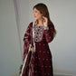 Lorenvalley Maroon Rangoli Silk Embroidery Sequence And Thread Work Kurta Trousers with Dupatta Set | Swadesiicart