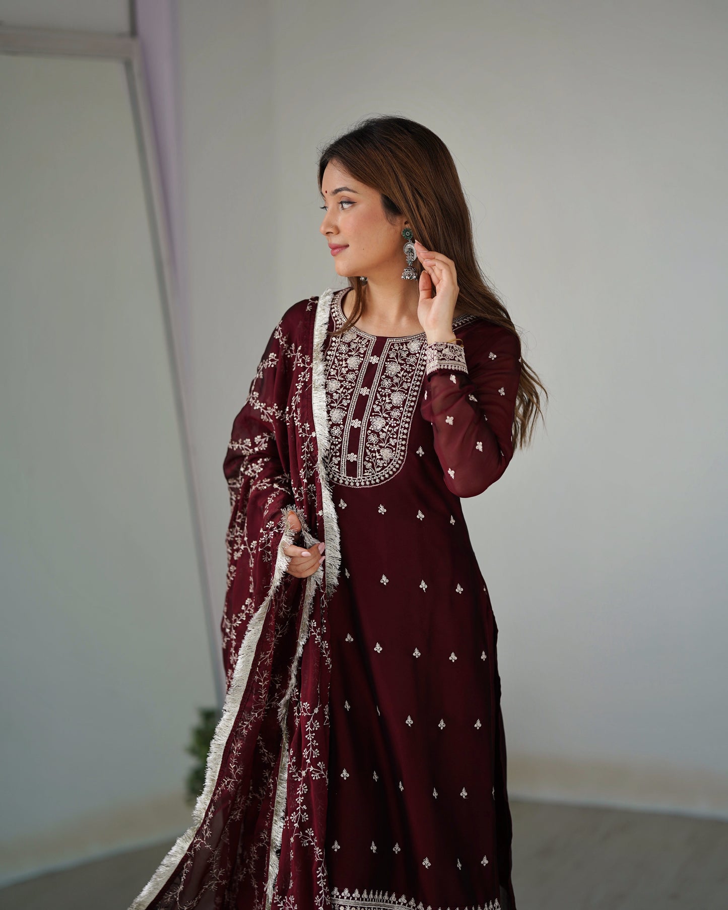 Lorenvalley Maroon Rangoli Silk Embroidery Sequence And Thread Work Kurta Trousers with Dupatta Set | Swadesiicart