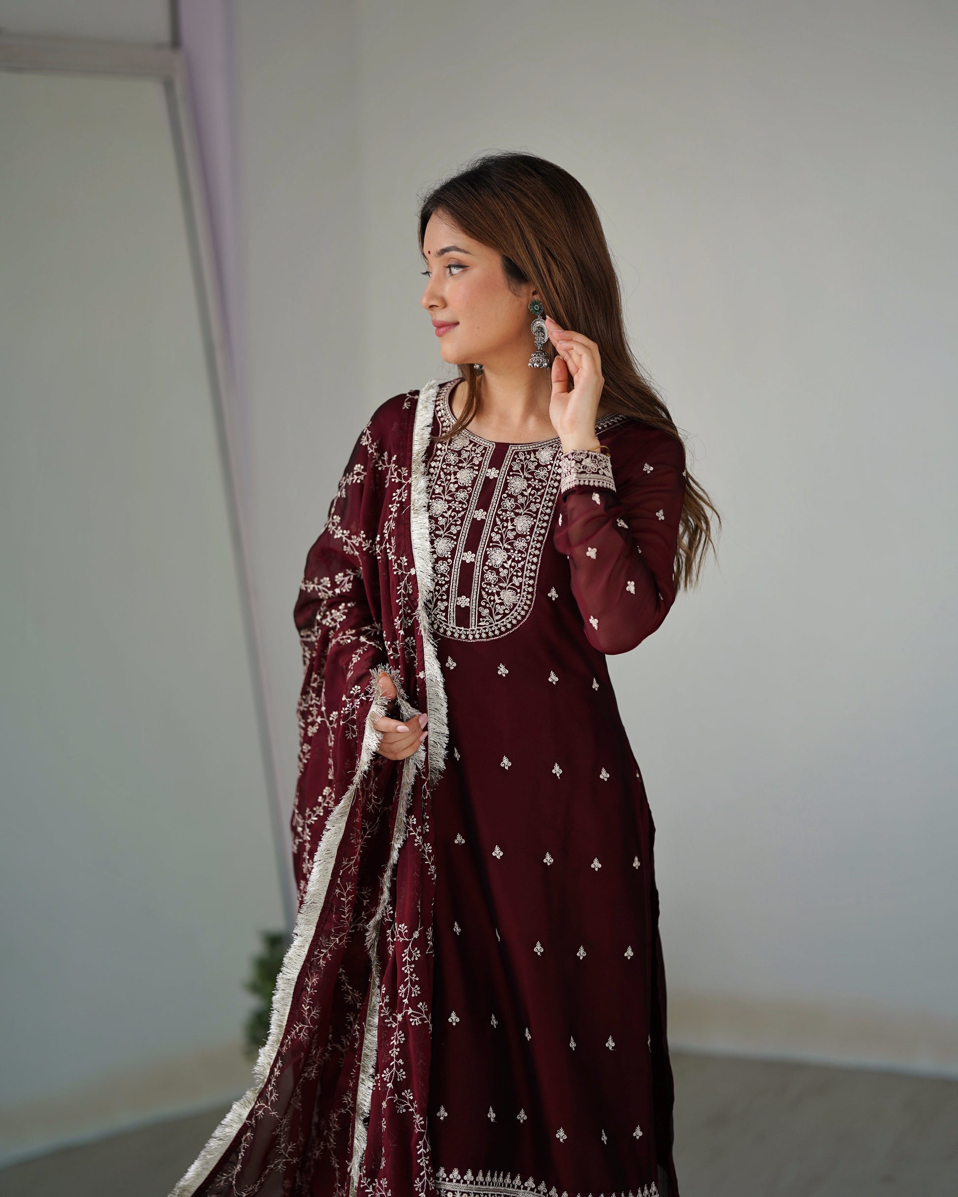 Lorenvalley Maroon Rangoli Silk Embroidery Sequence And Thread Work Kurta Trousers with Dupatta Set | Swadesiicart