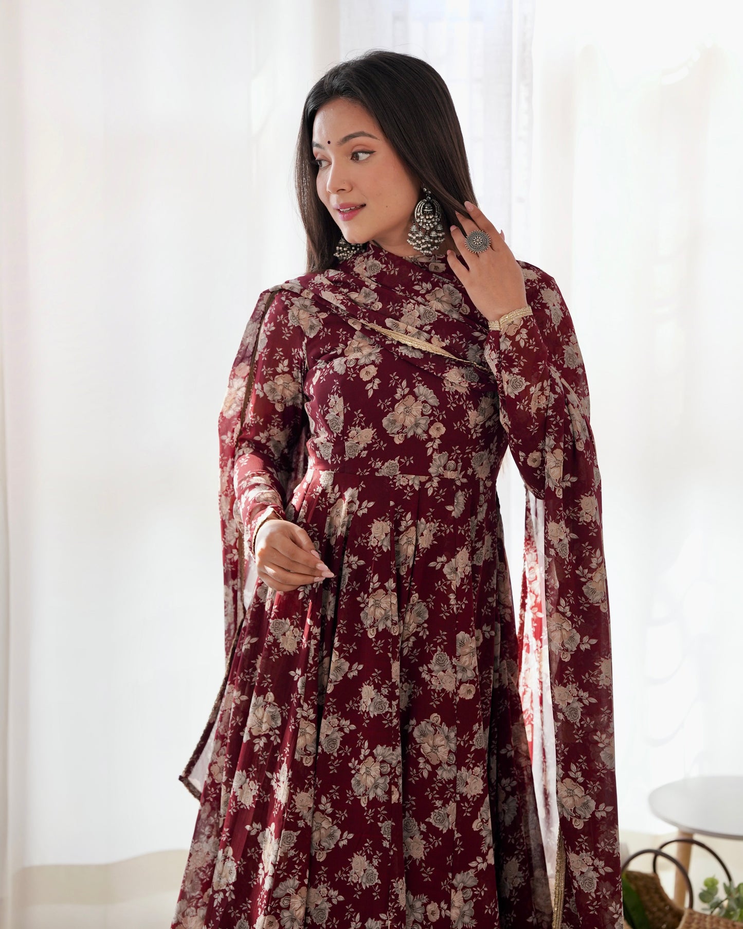 Lorenvalley Pure Faux Georgette Multi Floral Print Fully Flared Anarkali Pant With Dupatta Set - Maroon | Swadesiicart
