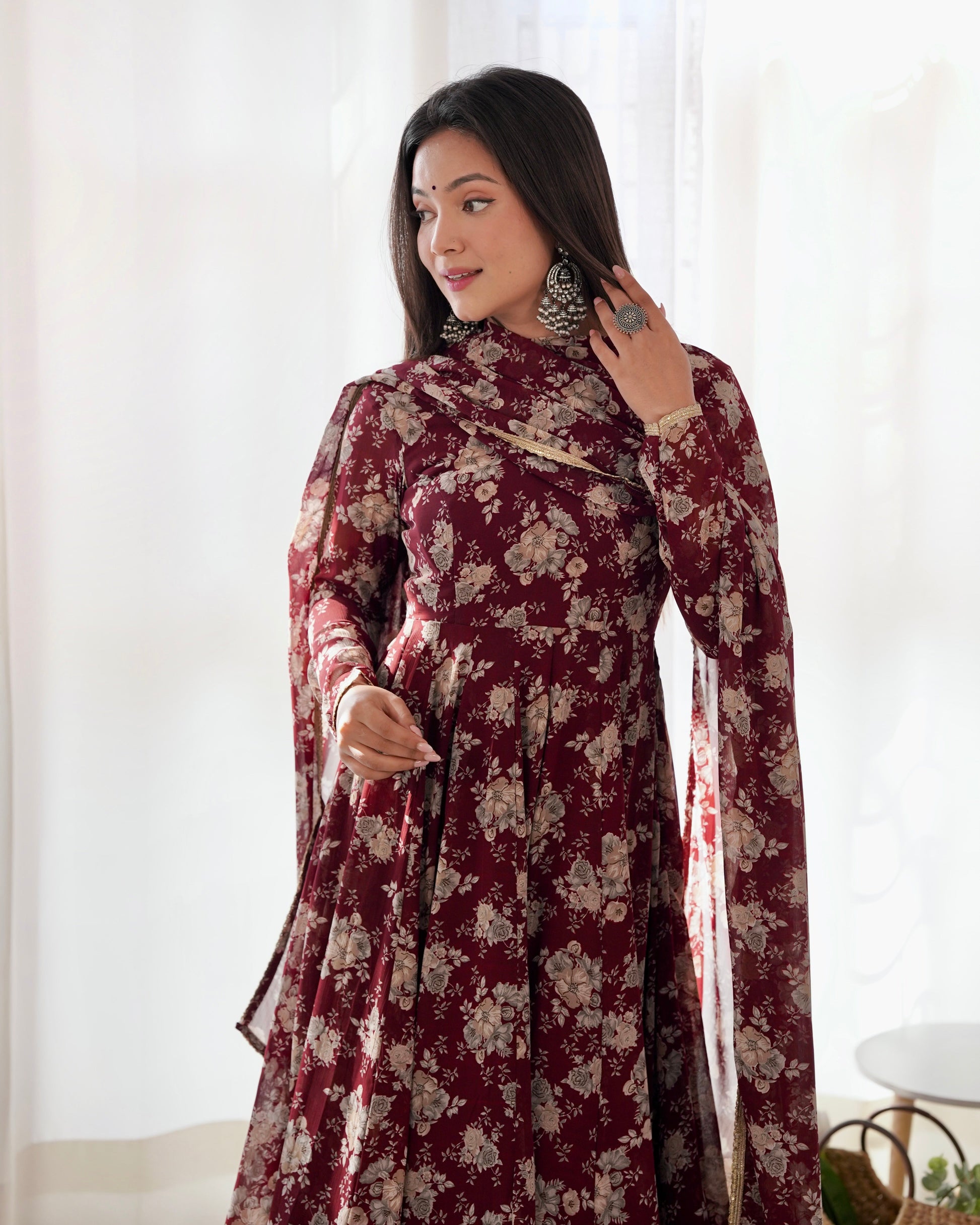 Lorenvalley Pure Faux Georgette Multi Floral Print Fully Flared Anarkali Pant With Dupatta Set - Maroon | Swadesiicart