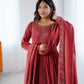 Lorenvalley Fashion Maroon Roman Shimmer Chanderi Silk Yoke Fancy Handwork Beads Work Anarkali Kurta Pant With Dupatta Set - Swadesiicart