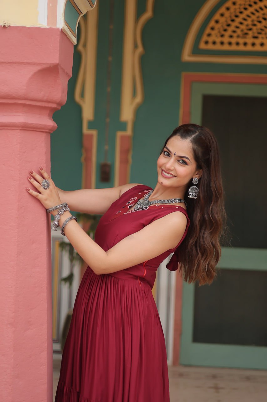 Lorenvalley Maroon Rayon Fabric with Printed Attached In Frill And Neck Gown | Swadesiicart