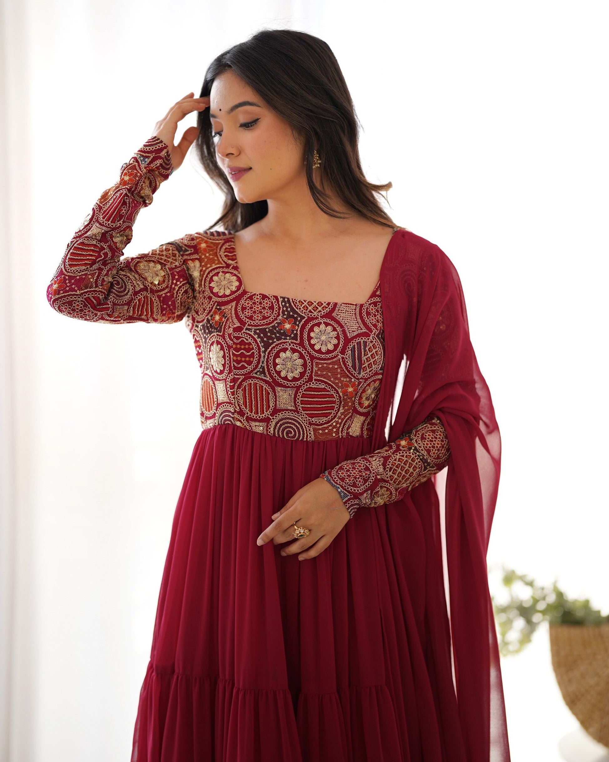 Lorenvalley Fashion Maroon Faux Georgette Embroidery 9 Needle Thread Work Anarkali Pant with Dupatta - Swadesiicart