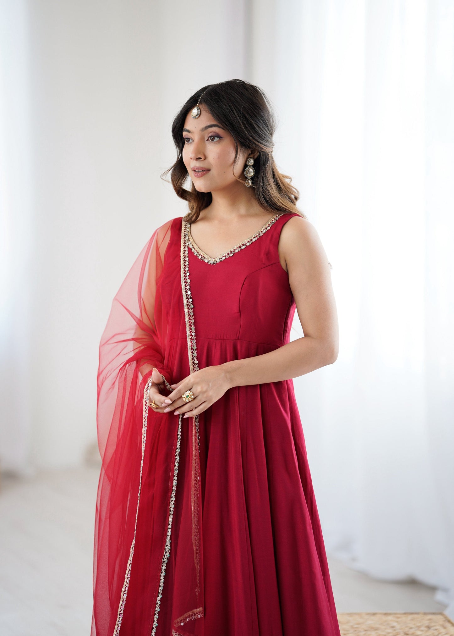 Lorenvalley Fashion Maroon Pure Romansilk Chanderi Fabric Yoke Fancy Lace Work Anarkali Kurta Pant With Dupatta Set - Swadesiicart