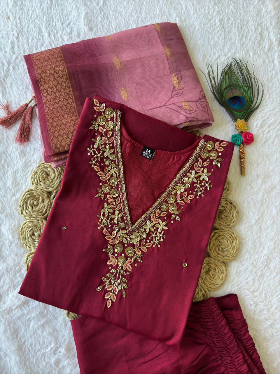 Lorenvalley Fashion Maroon Roman Silk Hand Work Kurta Pant with Dupatta - Swadesiicart