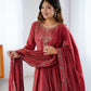 Lorenvalley Fashion Maroon Roman Shimmer Chanderi Silk Yoke Fancy Handwork Beads Work Anarkali Kurta Pant With Dupatta Set - Swadesiicart