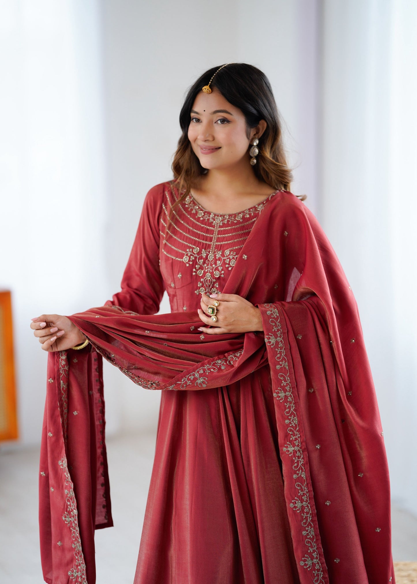 Lorenvalley Fashion Maroon Roman Shimmer Chanderi Silk Yoke Fancy Handwork Beads Work Anarkali Kurta Pant With Dupatta Set - Swadesiicart