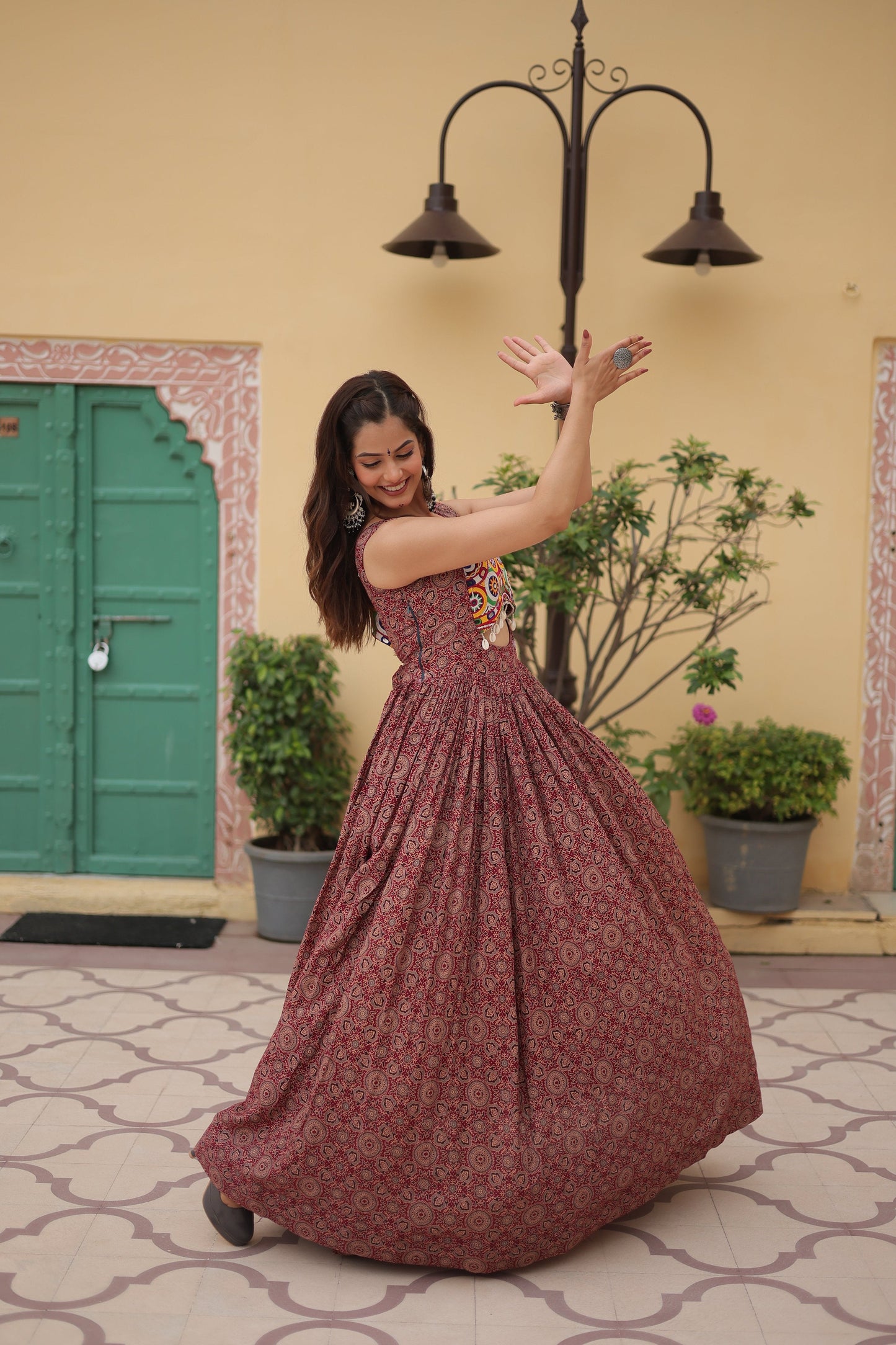 Lorenvalley Maroon Printed Cotton With Kutchi Gamthi Work and Kodi Lace Gown | Swadesiicart