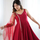 Lorenvalley Fashion Maroon Pure Romansilk Chanderi Fabric Yoke Fancy Lace Work Anarkali Kurta Pant With Dupatta Set - Swadesiicart
