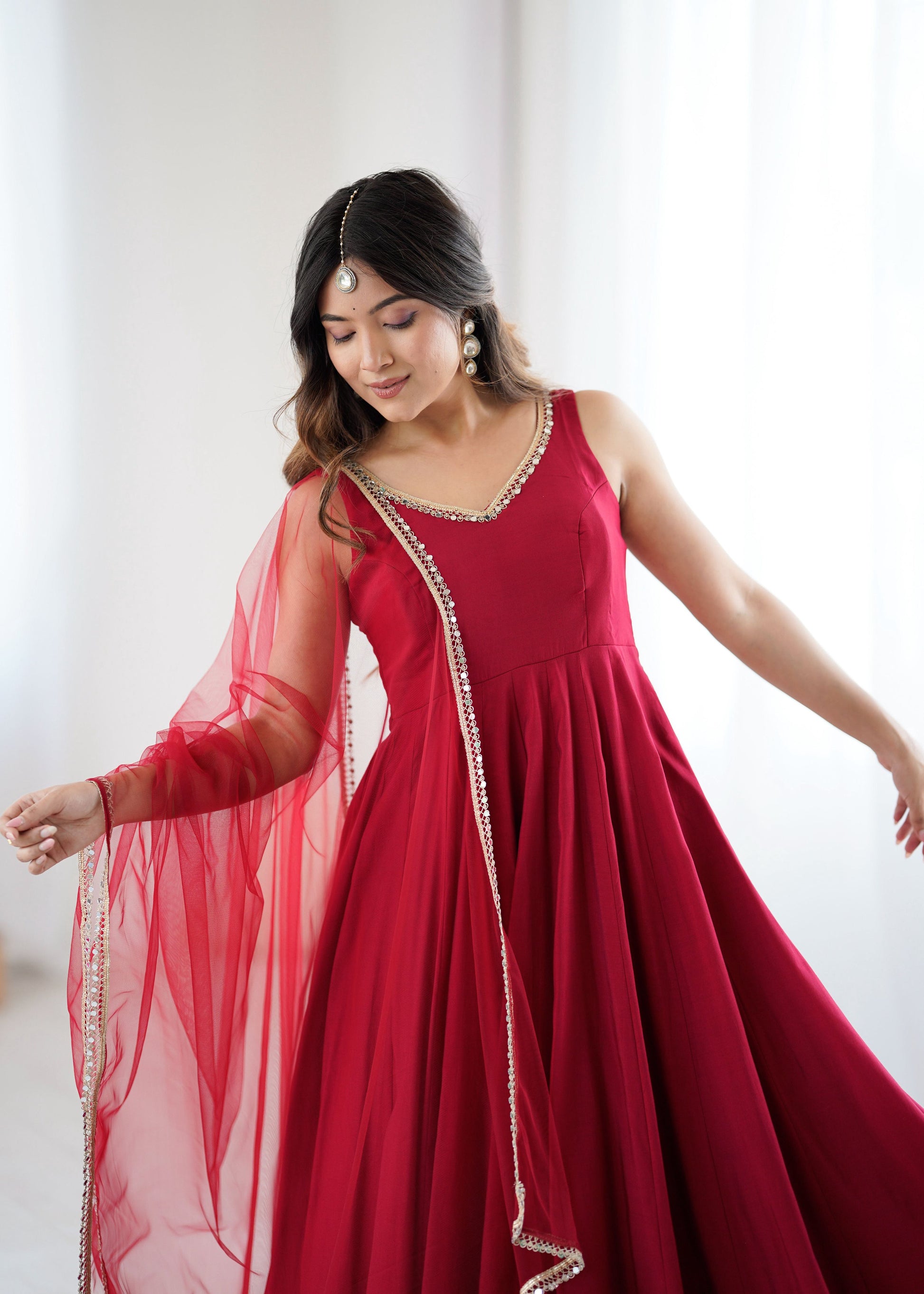 Lorenvalley Fashion Maroon Pure Romansilk Chanderi Fabric Yoke Fancy Lace Work Anarkali Kurta Pant With Dupatta Set - Swadesiicart