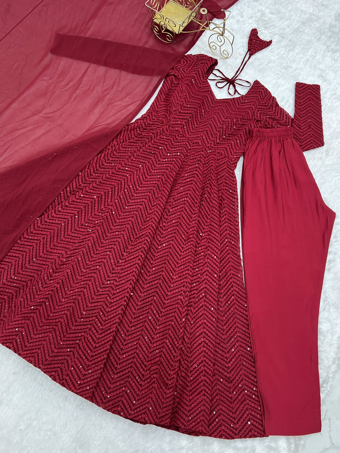 Lorenvalley Fashion Maroon Faux Georgette Lukhnowi Sequence Work Anarkali Kurta Pant With Dupatta Set - Swadesiicart