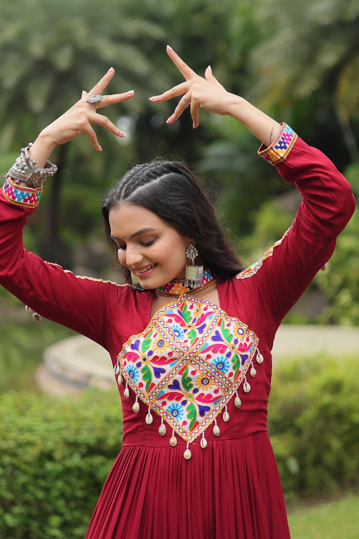 Lorenvalley Maroon Rayon Fabric with Kutchi Gamthi work Gown | Swadesiicart