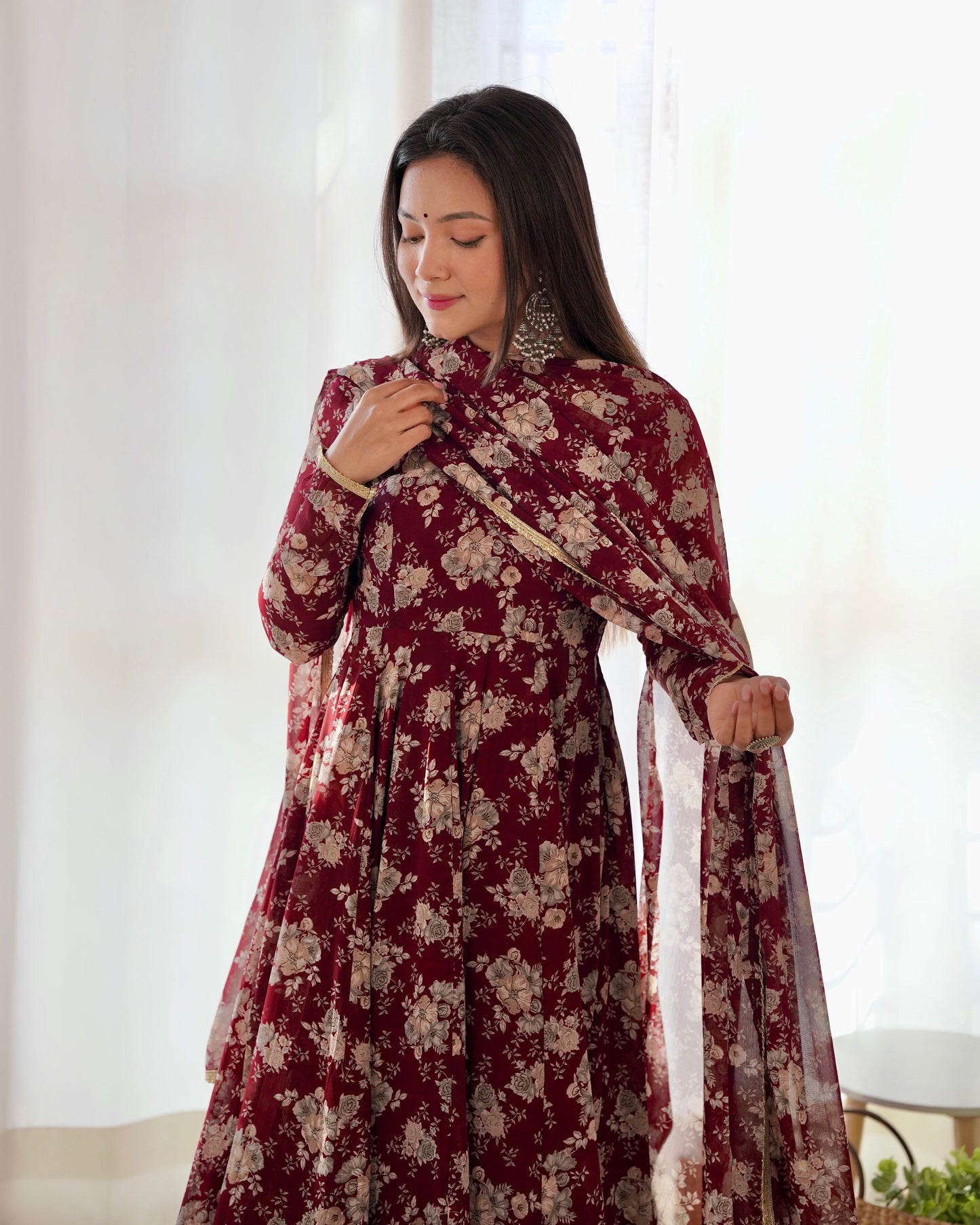Lorenvalley Pure Faux Georgette Multi Floral Print Fully Flared Anarkali Pant With Dupatta Set - Maroon | Swadesiicart