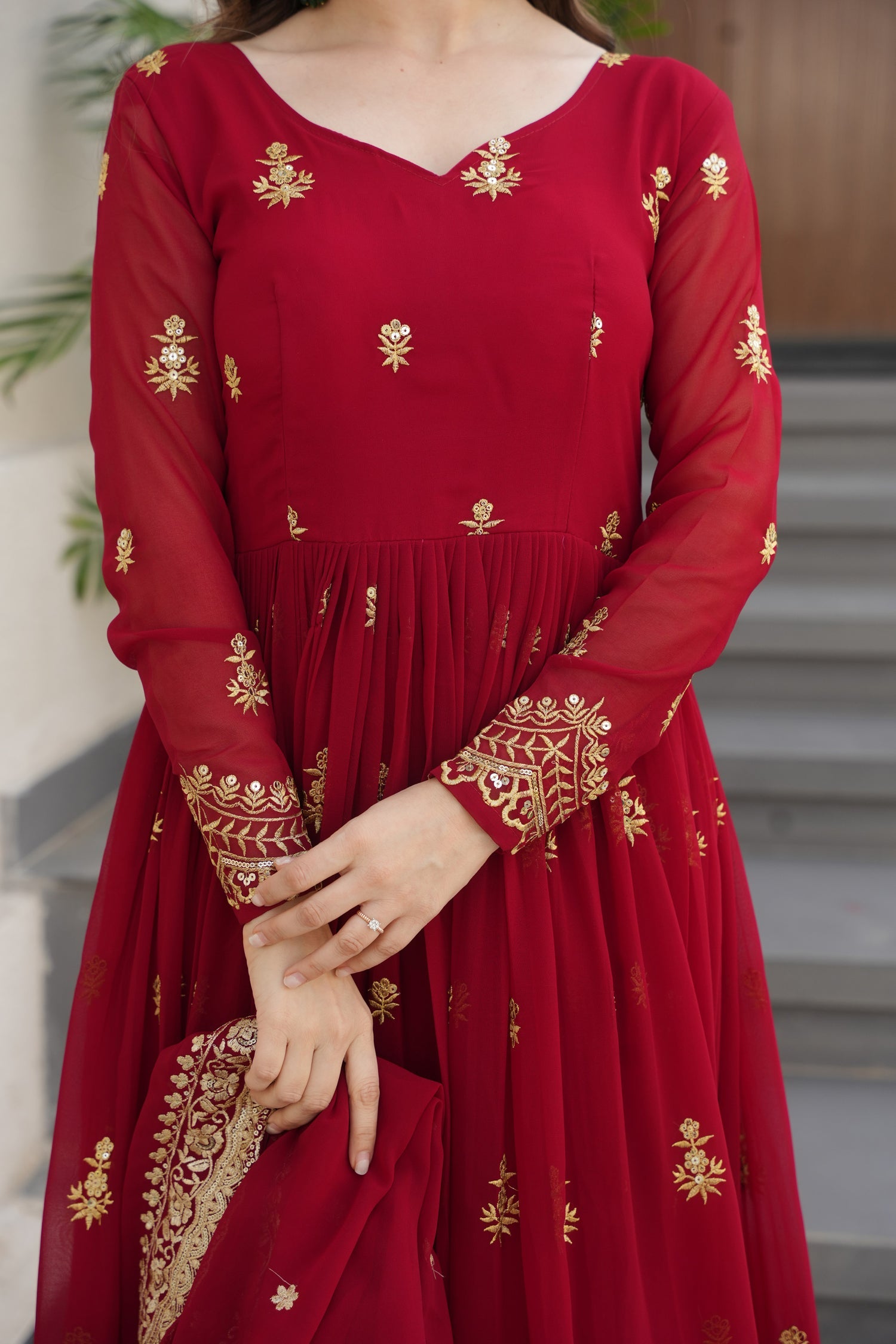 Lorenvalley Fashion Maroon Faux Georgette with Zari & Sequins Embroidered Work Anarkali Gown with Dupatta - Swadesiicart