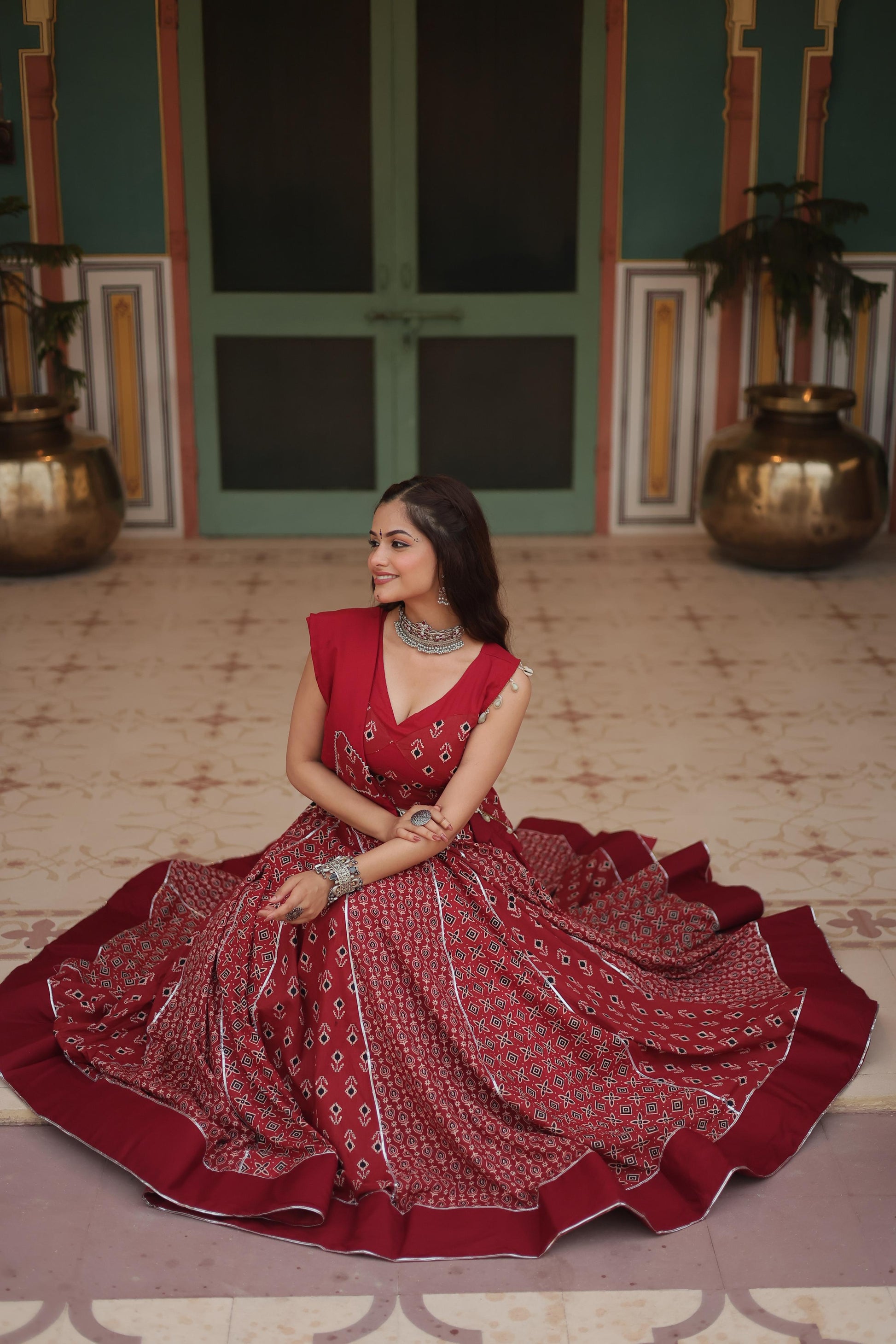 Lorenvalley Maroon Rayon Gota Patti Lace Printed Kali Pattern Lehenga Choli with Dupatta | Swadesiicart